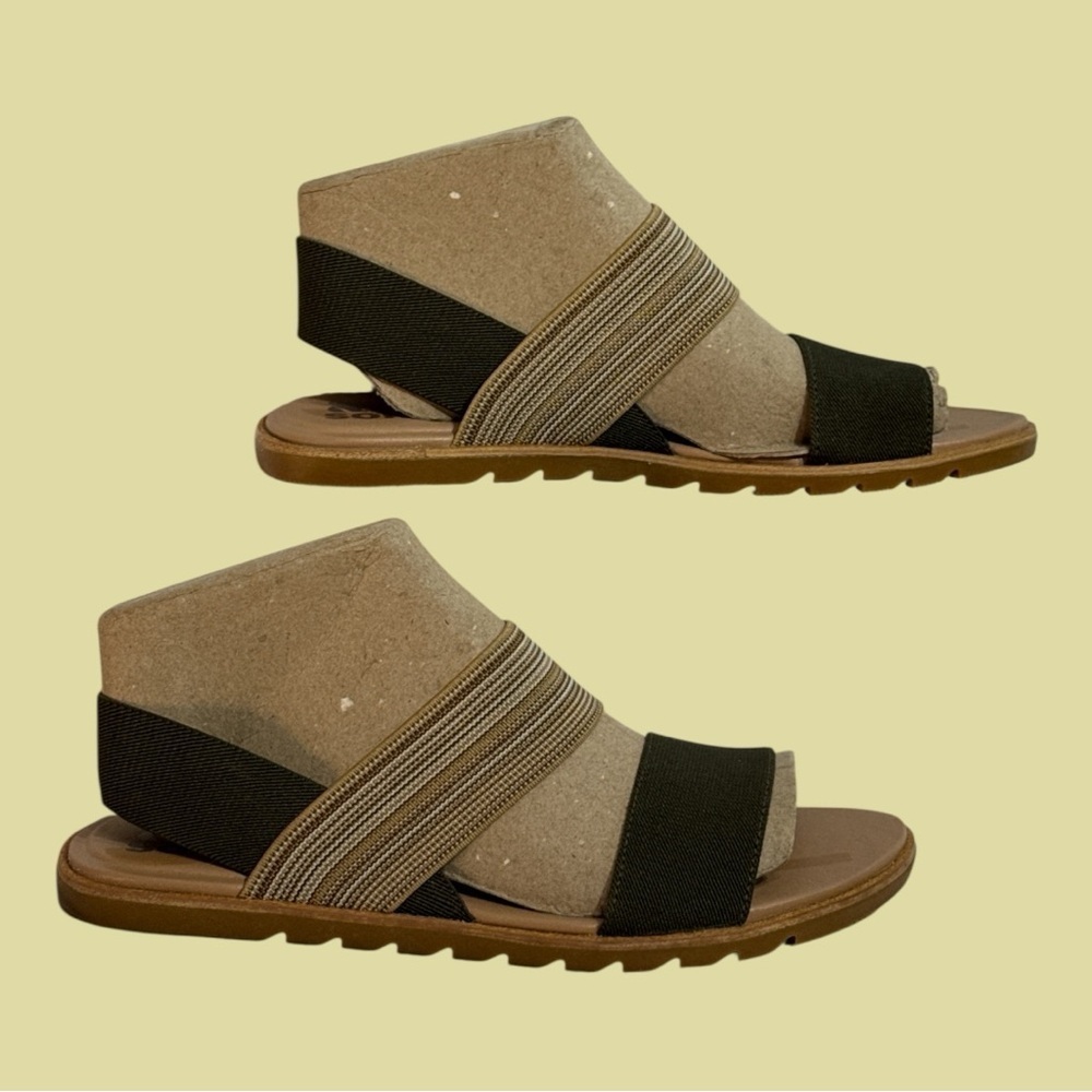 Sorel Ella Flat Sandals in Olive Beige Striped Elastic Stretch Bands Sling Sz 8